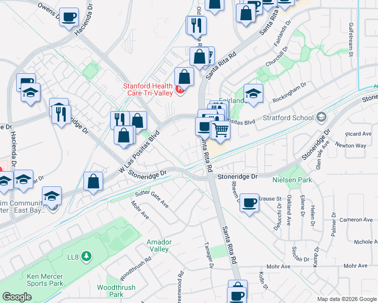 map of restaurants, bars, coffee shops, grocery stores, and more near 3002 Tonopah Circle in Pleasanton
