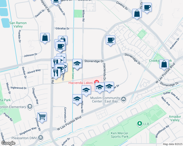 map of restaurants, bars, coffee shops, grocery stores, and more near 5960 Inglewood Dr in Pleasanton