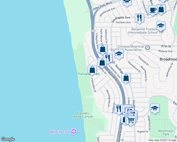map of restaurants, bars, coffee shops, grocery stores, and more near 100 Palisades Drive in Daly City