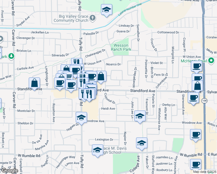 map of restaurants, bars, coffee shops, grocery stores, and more near 1018 Whitemarsh Way in Modesto