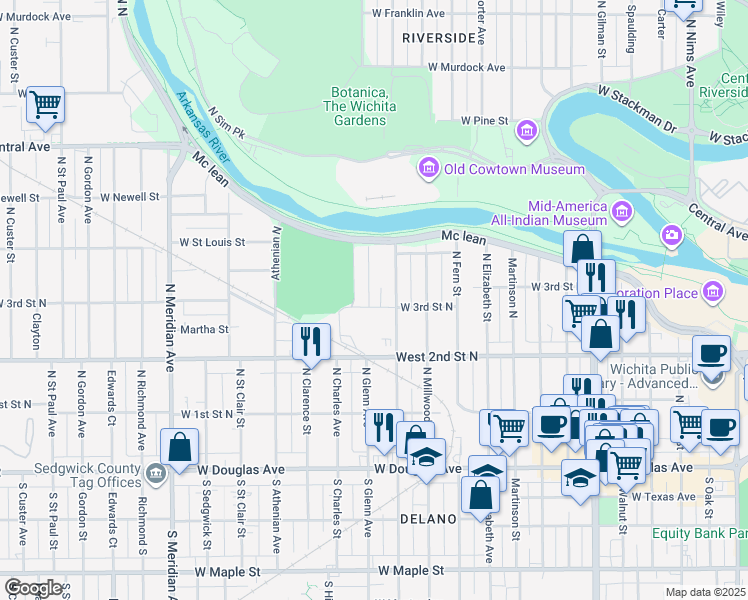 map of restaurants, bars, coffee shops, grocery stores, and more near 301-399 North Vine in Wichita