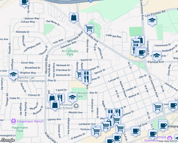 map of restaurants, bars, coffee shops, grocery stores, and more near 1052 Rincon Avenue in Livermore