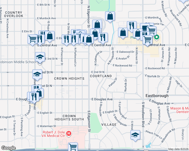 map of restaurants, bars, coffee shops, grocery stores, and more near 5625 E Park Hollow St in Wichita