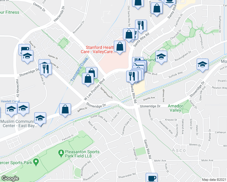 map of restaurants, bars, coffee shops, grocery stores, and more near 5540 Springhouse Drive in Pleasanton
