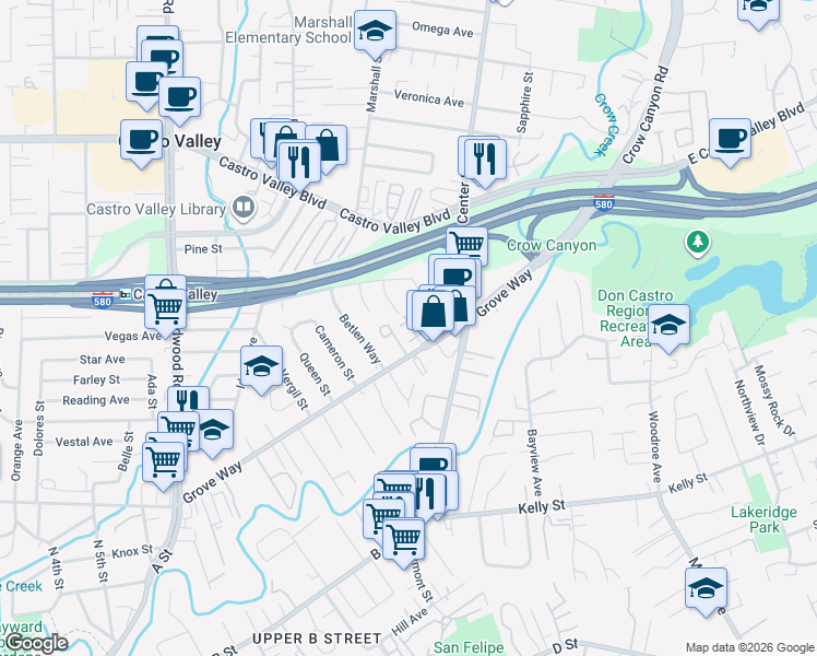 map of restaurants, bars, coffee shops, grocery stores, and more near 2861 Grove Way in Castro Valley