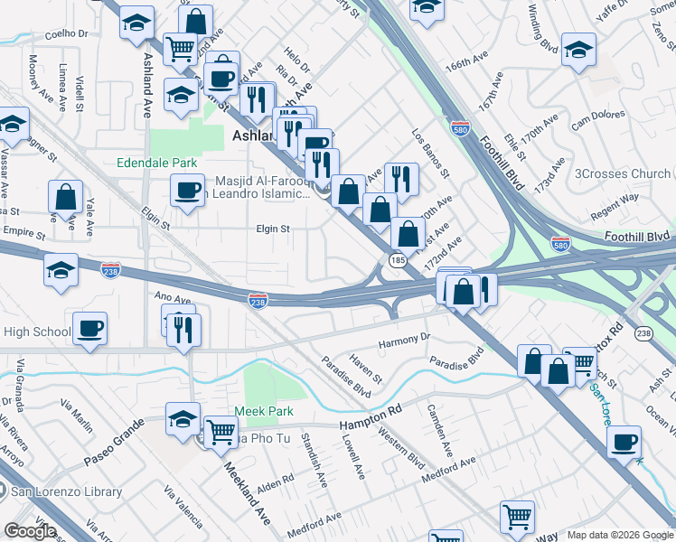map of restaurants, bars, coffee shops, grocery stores, and more near 16947 Los Reyes Avenue in San Leandro