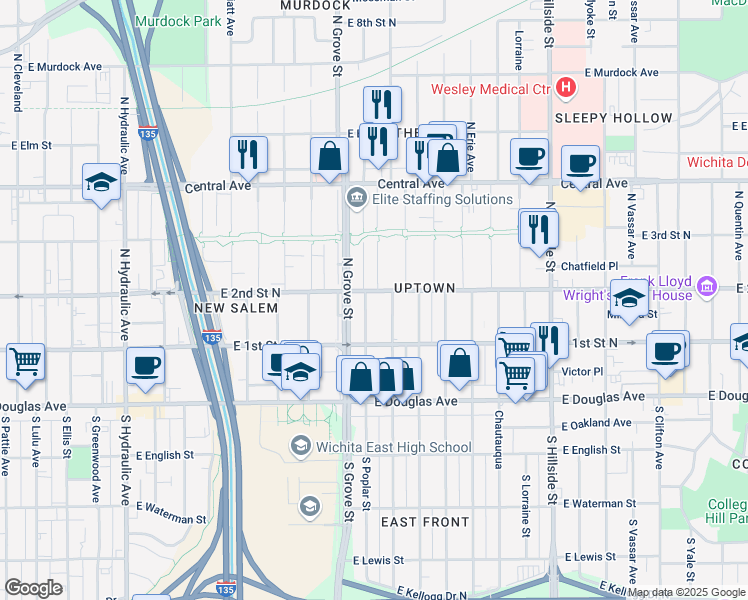 map of restaurants, bars, coffee shops, grocery stores, and more near 214 North Poplar Avenue in Wichita