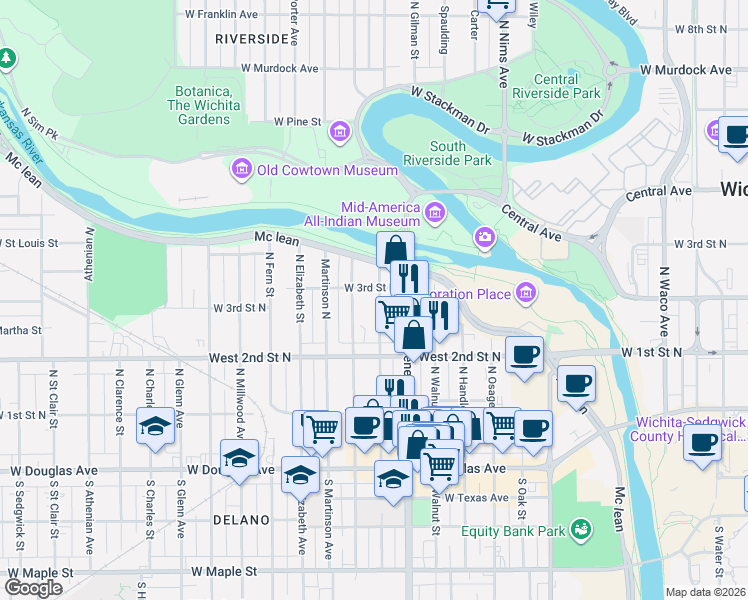 map of restaurants, bars, coffee shops, grocery stores, and more near 429 North Dodge Avenue in Wichita