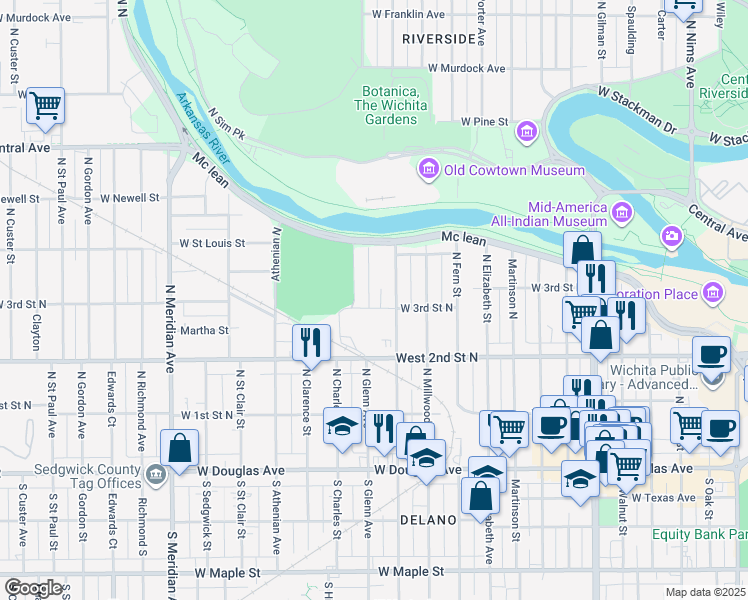 map of restaurants, bars, coffee shops, grocery stores, and more near 301-399 North Vine in Wichita