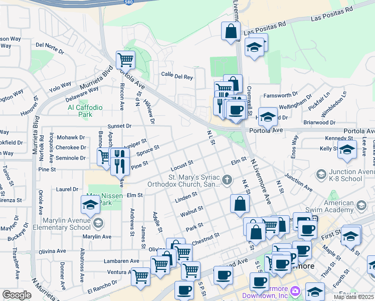 map of restaurants, bars, coffee shops, grocery stores, and more near 1815 Pine Street in Livermore