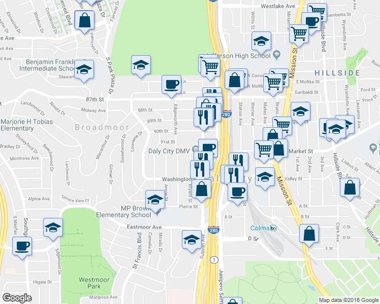 map of restaurants, bars, coffee shops, grocery stores, and more near 264 92nd Street in Daly City