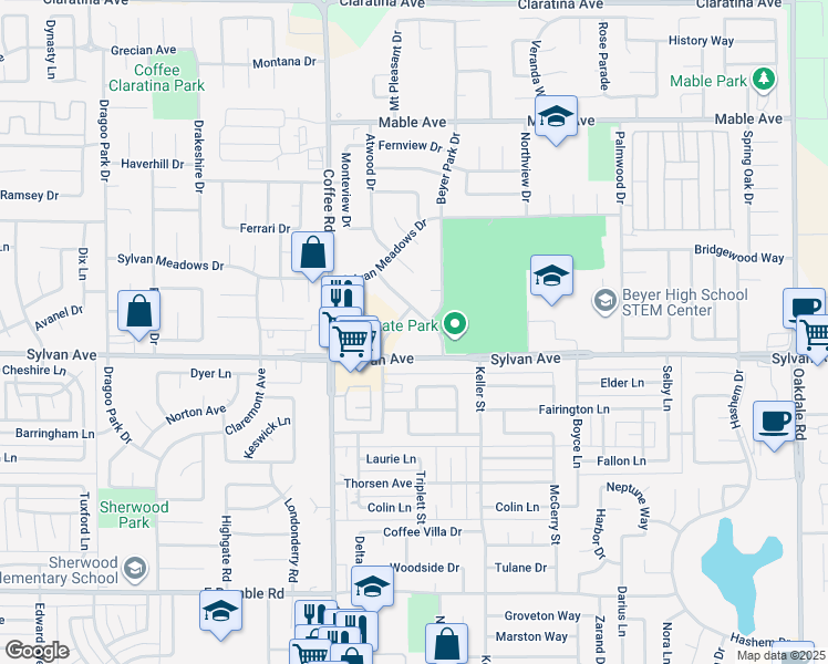 map of restaurants, bars, coffee shops, grocery stores, and more near 3529 Forest Glenn Drive in Modesto