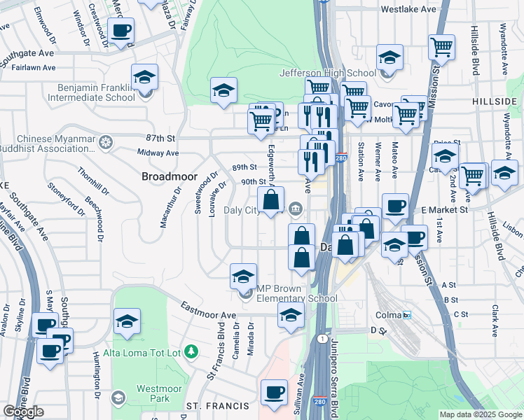 map of restaurants, bars, coffee shops, grocery stores, and more near 1549 Annie Street in Daly City