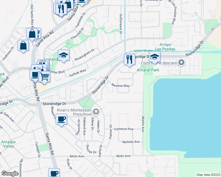 map of restaurants, bars, coffee shops, grocery stores, and more near 3778 Angus Way in Pleasanton