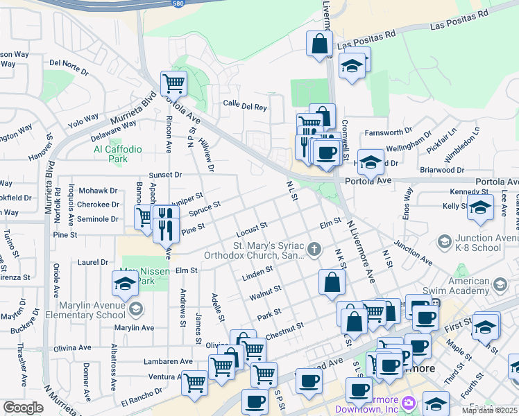 map of restaurants, bars, coffee shops, grocery stores, and more near 1815 Pine Street in Livermore