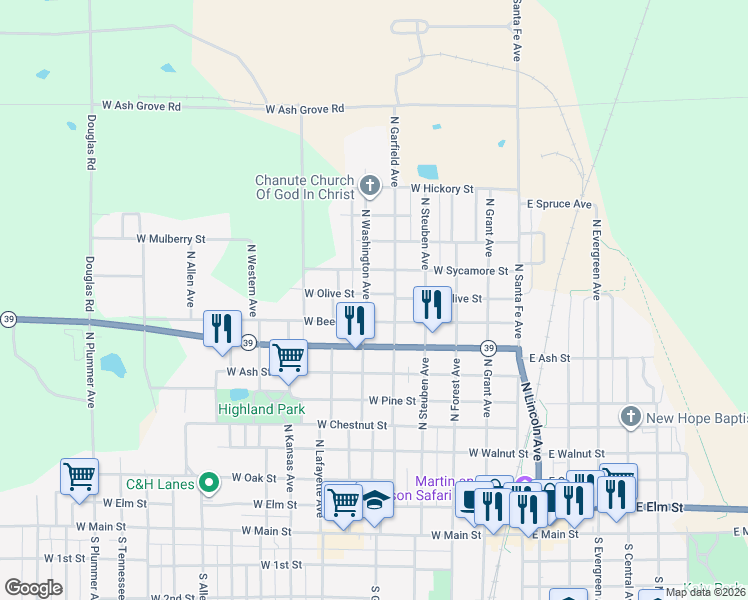 map of restaurants, bars, coffee shops, grocery stores, and more near West Beech Street in Chanute