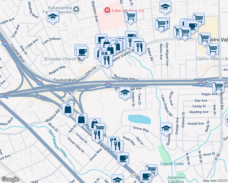 map of restaurants, bars, coffee shops, grocery stores, and more near 1775 Strobridge Avenue in Castro Valley