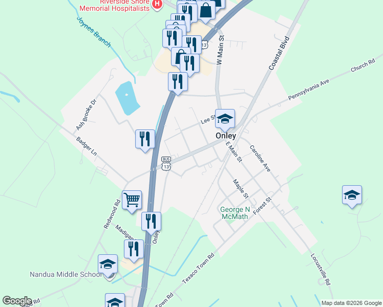 map of restaurants, bars, coffee shops, grocery stores, and more near 25542 Coastal Boulevard in Onley