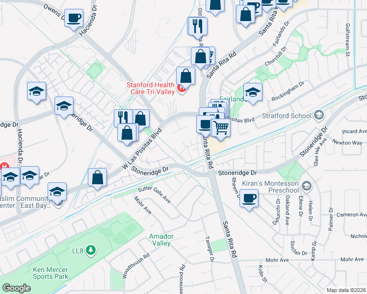 map of restaurants, bars, coffee shops, grocery stores, and more near 3193 Zuni Way in Pleasanton
