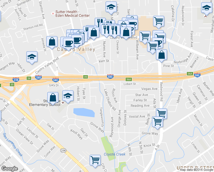 map of restaurants, bars, coffee shops, grocery stores, and more near 21319 Rizzo Avenue in Castro Valley