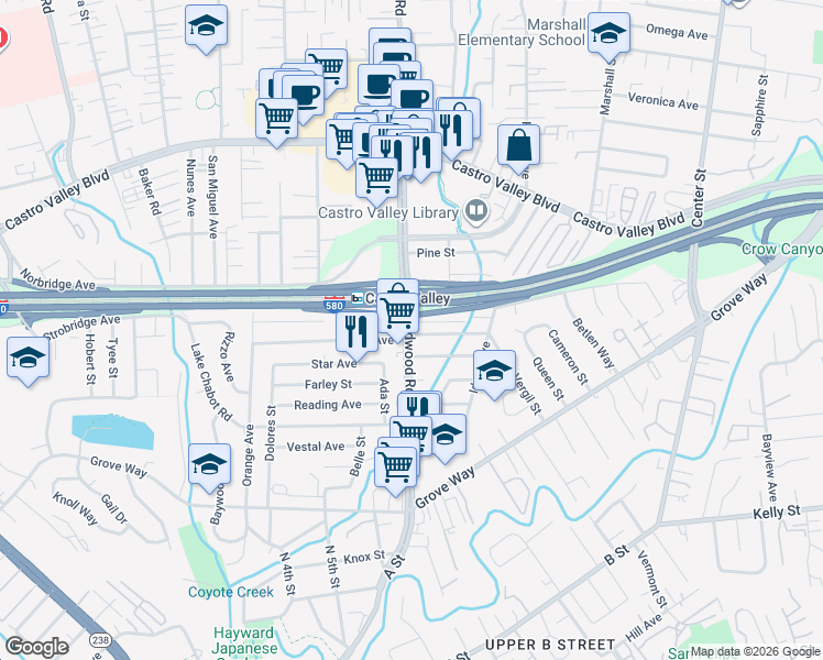 map of restaurants, bars, coffee shops, grocery stores, and more near 21504 Redwood Road in Castro Valley