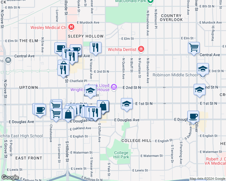 map of restaurants, bars, coffee shops, grocery stores, and more near 255 North Roosevelt Street in Wichita