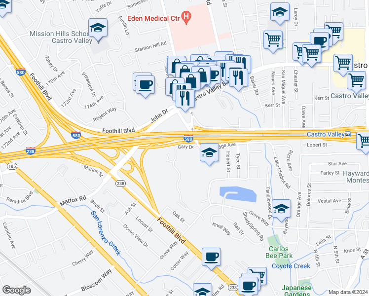 map of restaurants, bars, coffee shops, grocery stores, and more near 21001 Gary Drive in Castro Valley