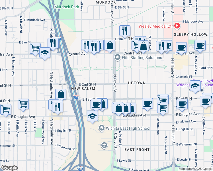map of restaurants, bars, coffee shops, grocery stores, and more near in Wichita