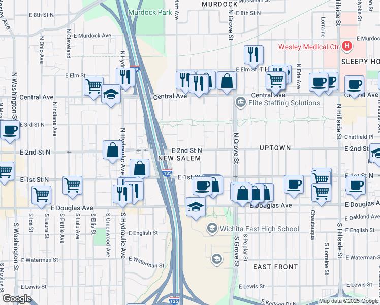map of restaurants, bars, coffee shops, grocery stores, and more near in Wichita