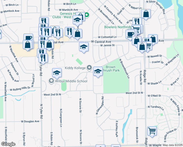 map of restaurants, bars, coffee shops, grocery stores, and more near 461 N Country Acres Ave in Wichita