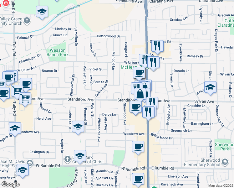 map of restaurants, bars, coffee shops, grocery stores, and more near 325 Standiford Avenue in Modesto
