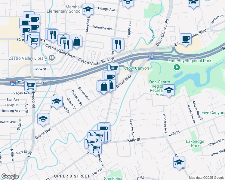 map of restaurants, bars, coffee shops, grocery stores, and more near Center Street & Grove Way in Castro Valley