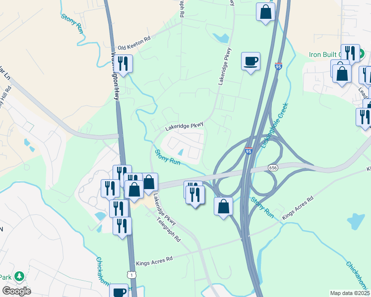 map of restaurants, bars, coffee shops, grocery stores, and more near 10267 Lakeridge Square Court in Ashland