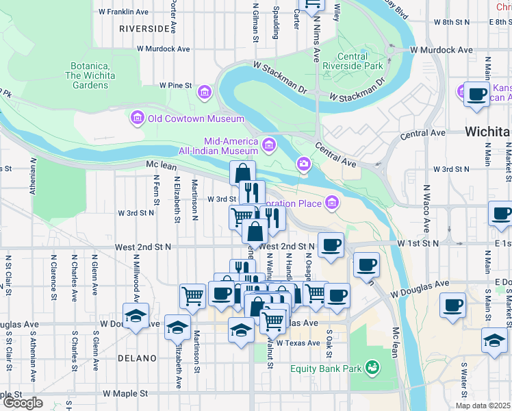 map of restaurants, bars, coffee shops, grocery stores, and more near 393 North Mc Lean Boulevard in Wichita
