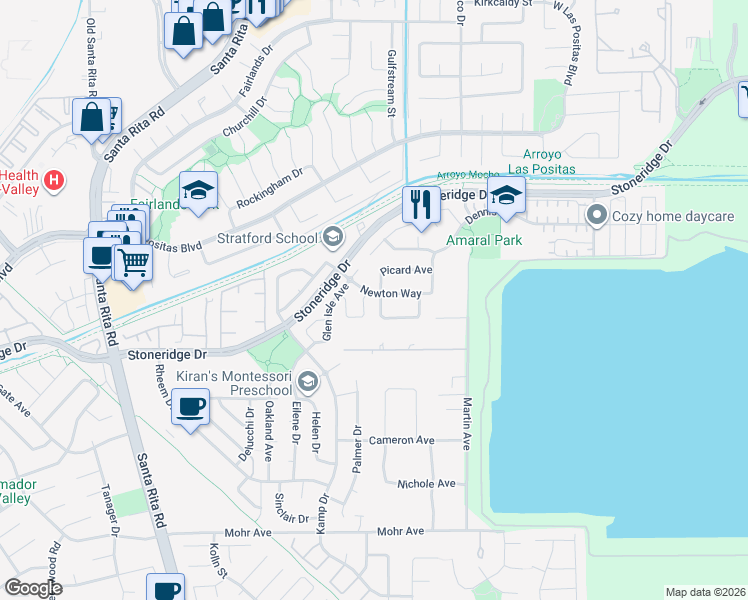 map of restaurants, bars, coffee shops, grocery stores, and more near 2588 Wilde Avenue in Pleasanton