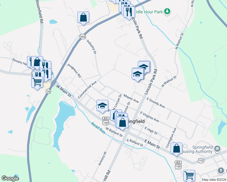 map of restaurants, bars, coffee shops, grocery stores, and more near 307-317 Mayes Avenue in Springfield