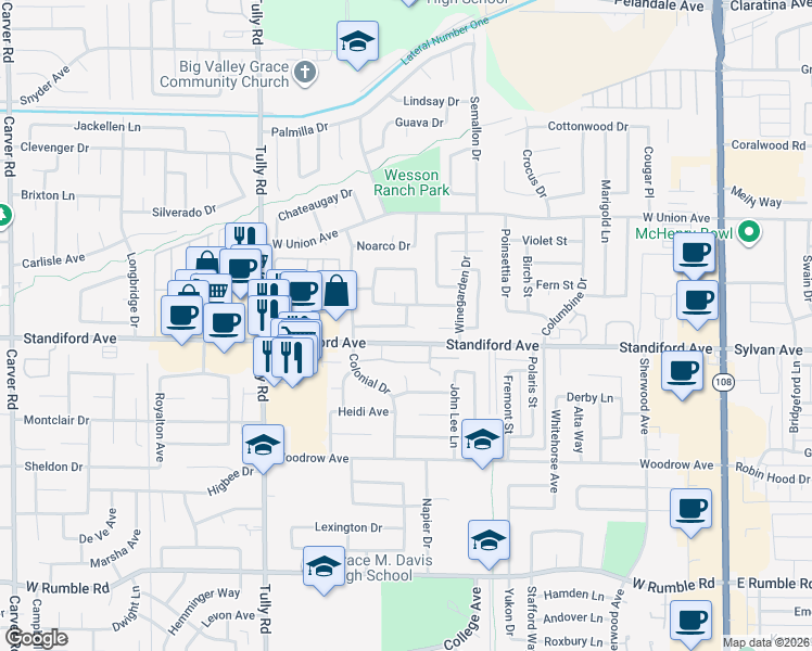 map of restaurants, bars, coffee shops, grocery stores, and more near Whitemarsh Way in Modesto