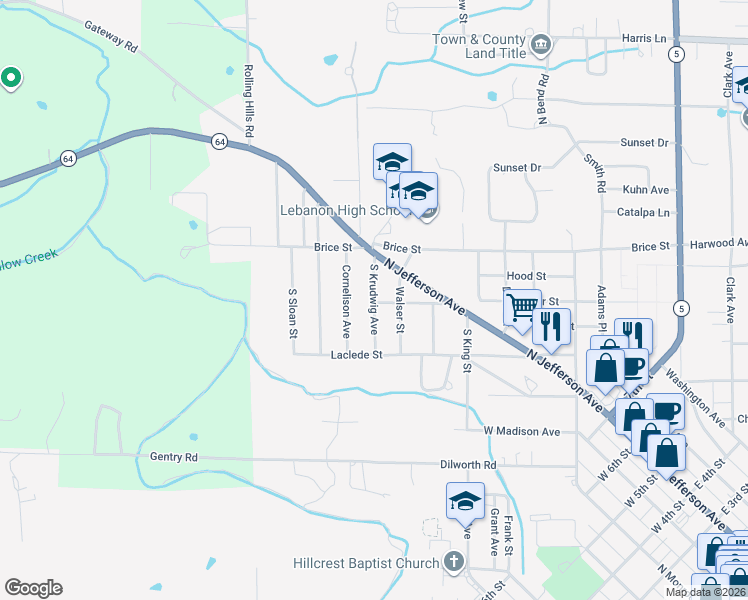map of restaurants, bars, coffee shops, grocery stores, and more near 308 South Krudwig Avenue in Lebanon