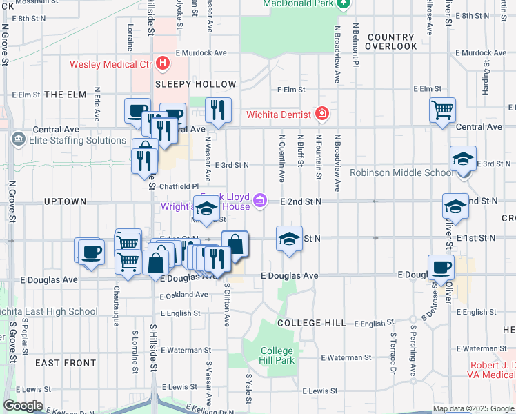 map of restaurants, bars, coffee shops, grocery stores, and more near 255 North Roosevelt Street in Wichita