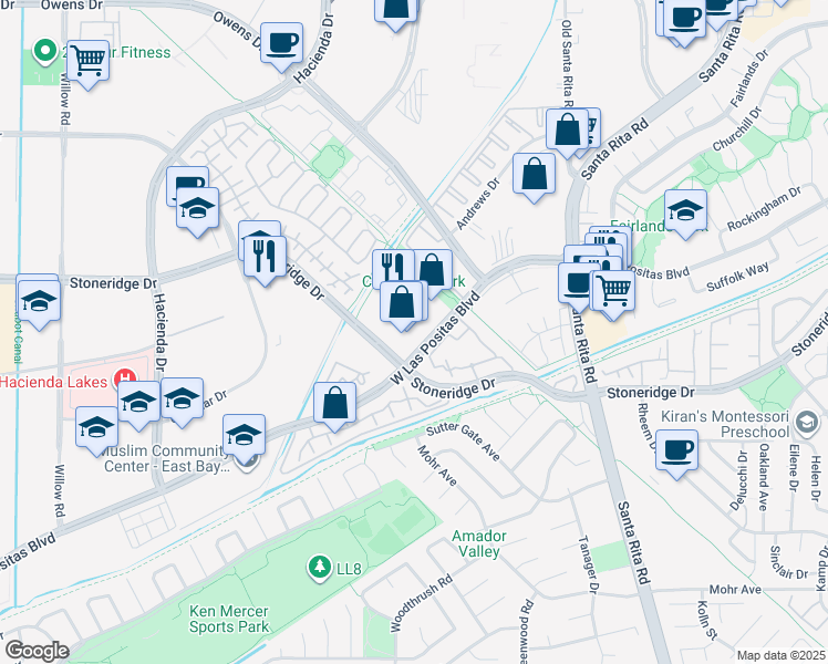 map of restaurants, bars, coffee shops, grocery stores, and more near 5635 W Las Positas Blvd in Pleasanton