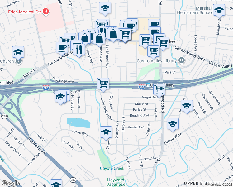 map of restaurants, bars, coffee shops, grocery stores, and more near 21354 Rizzo Avenue in Castro Valley