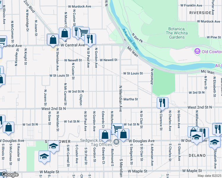 map of restaurants, bars, coffee shops, grocery stores, and more near 432 Richmond North in Wichita