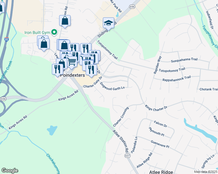 map of restaurants, bars, coffee shops, grocery stores, and more near 9438 Dogwood Garth Lane in Mechanicsville
