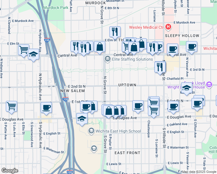 map of restaurants, bars, coffee shops, grocery stores, and more near 319 North Green Street in Wichita