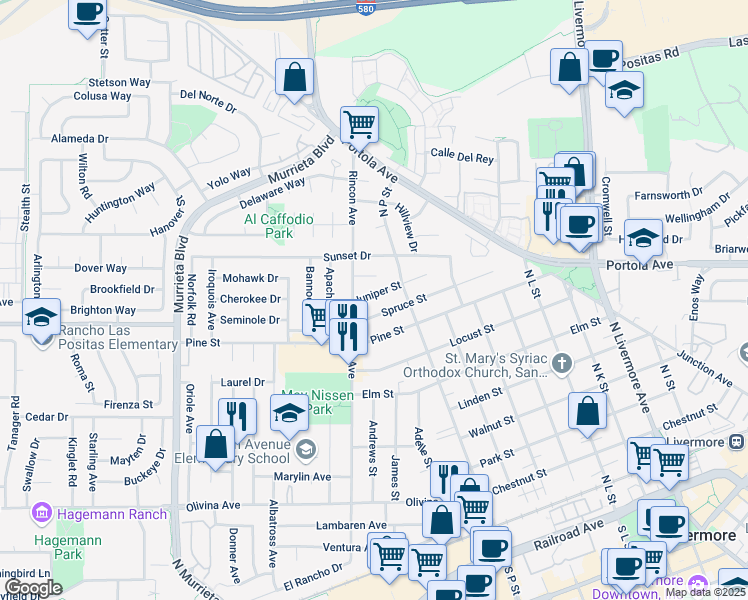 map of restaurants, bars, coffee shops, grocery stores, and more near 1333 Juniper Street in Livermore