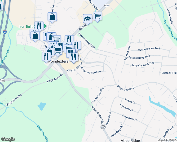 map of restaurants, bars, coffee shops, grocery stores, and more near 9438 Dogwood Garth Lane in Mechanicsville