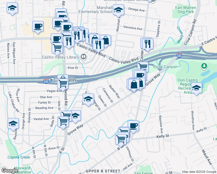 map of restaurants, bars, coffee shops, grocery stores, and more near 21906 Betlen Way in Castro Valley