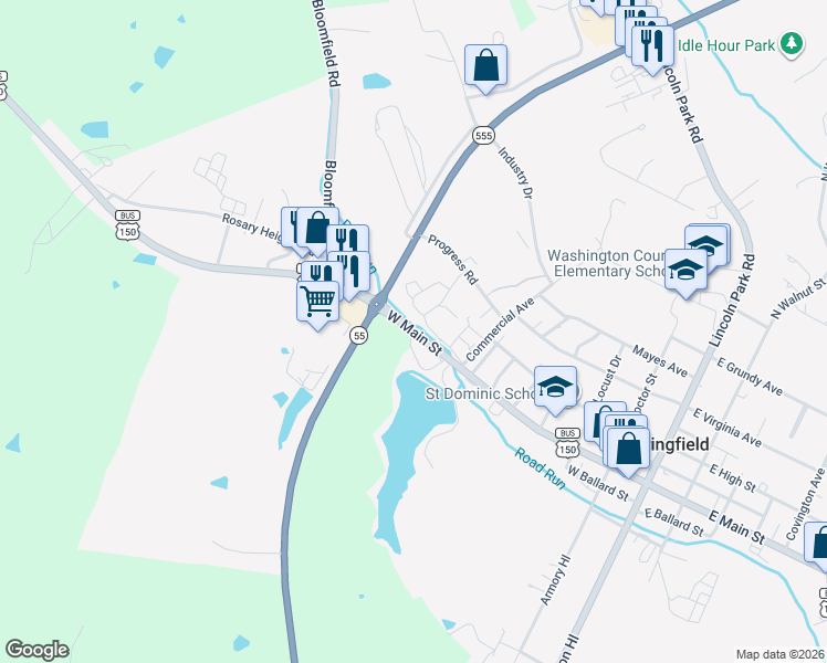 map of restaurants, bars, coffee shops, grocery stores, and more near U.S. 150 Business in Springfield