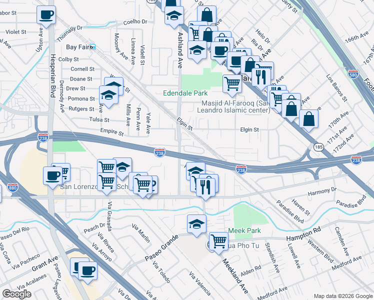 map of restaurants, bars, coffee shops, grocery stores, and more near 16446 Ashland Avenue in San Lorenzo