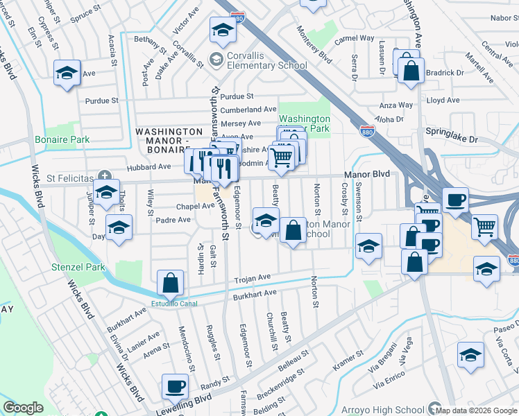 map of restaurants, bars, coffee shops, grocery stores, and more near 15067 Churchill Street in San Leandro